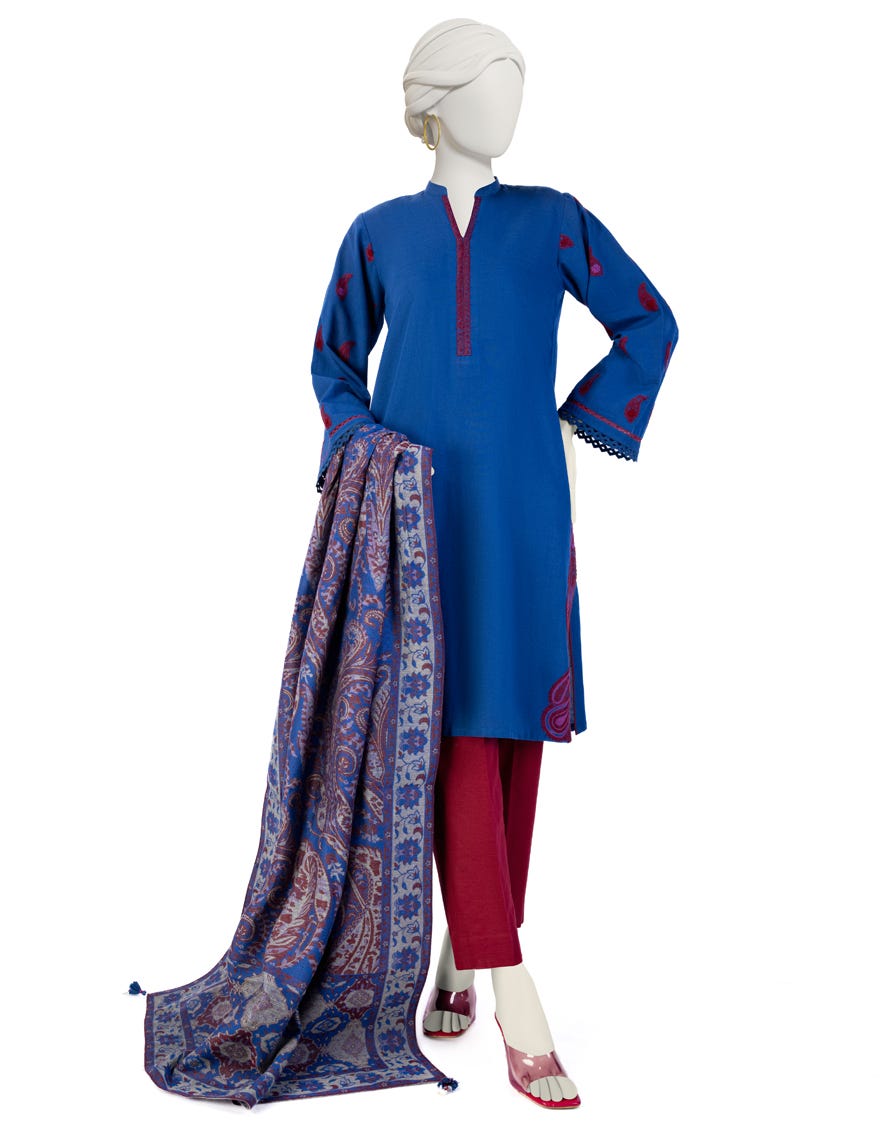 Blue Khaddar 2 Piece Stitched Dress | Jjpw-W-Jw2-23-7058