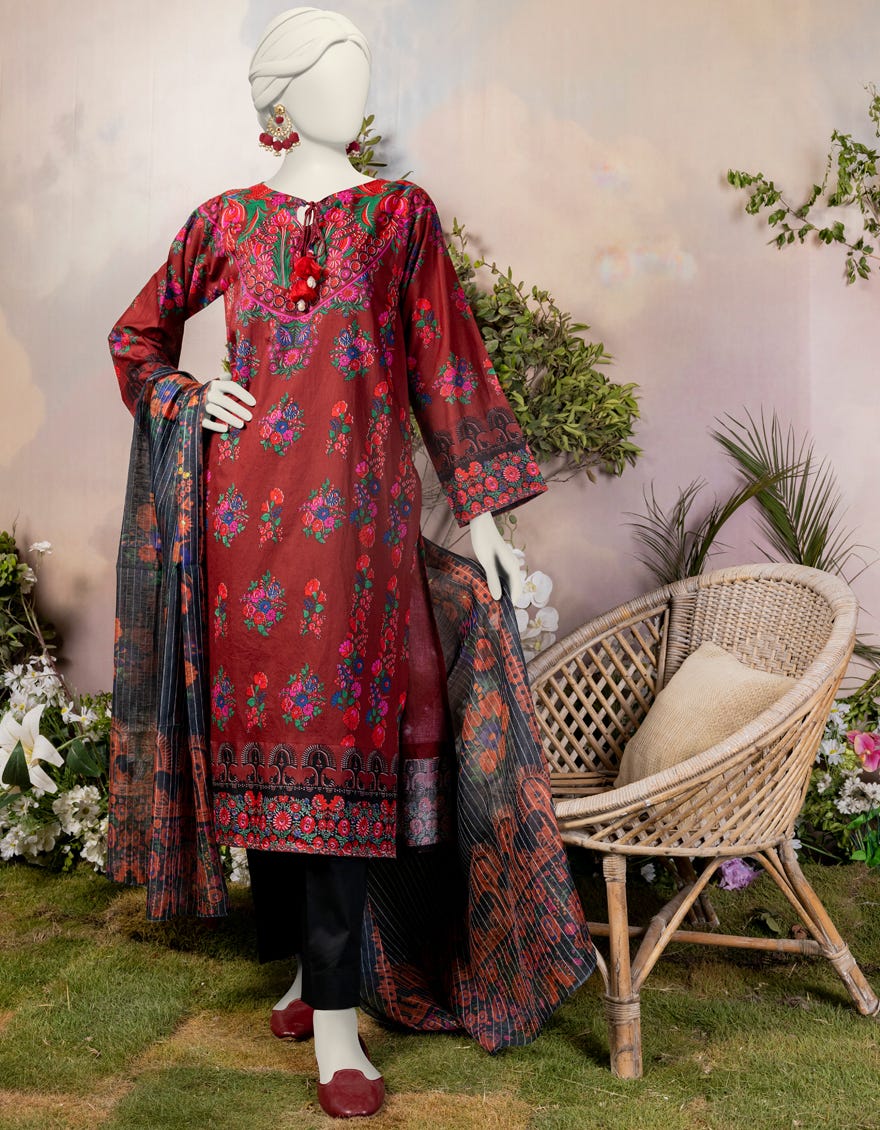 Maroon Lawn 2 Piece Printed Stitched | Jjpw-Jw2-S-24-7001