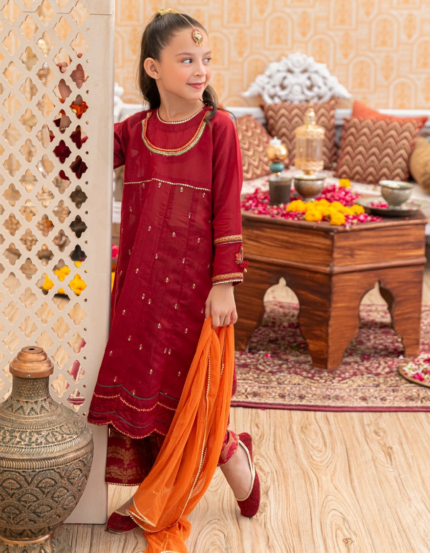 Red Poly-Cotton Girls 3 Piece Stitched | Jgk-W-Jwk-23-5004