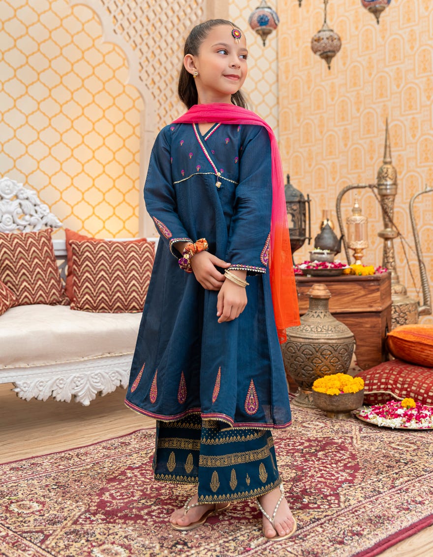 Blue Poly-Cotton Girls 3 Piece Stitched | Jgk-W-Jwk-23-5006