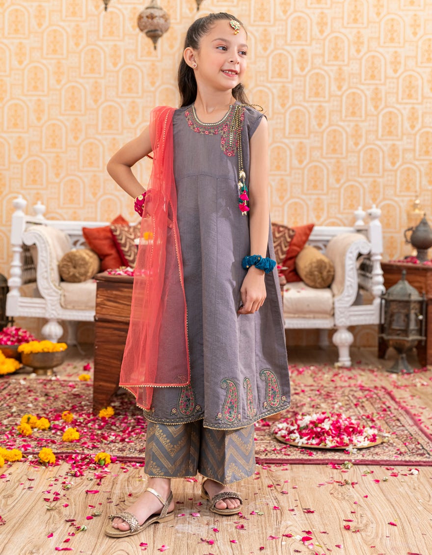 Grey Poly-Cotton Girls 3 Piece Stitched | Jgk-W-Jwk-23-5007