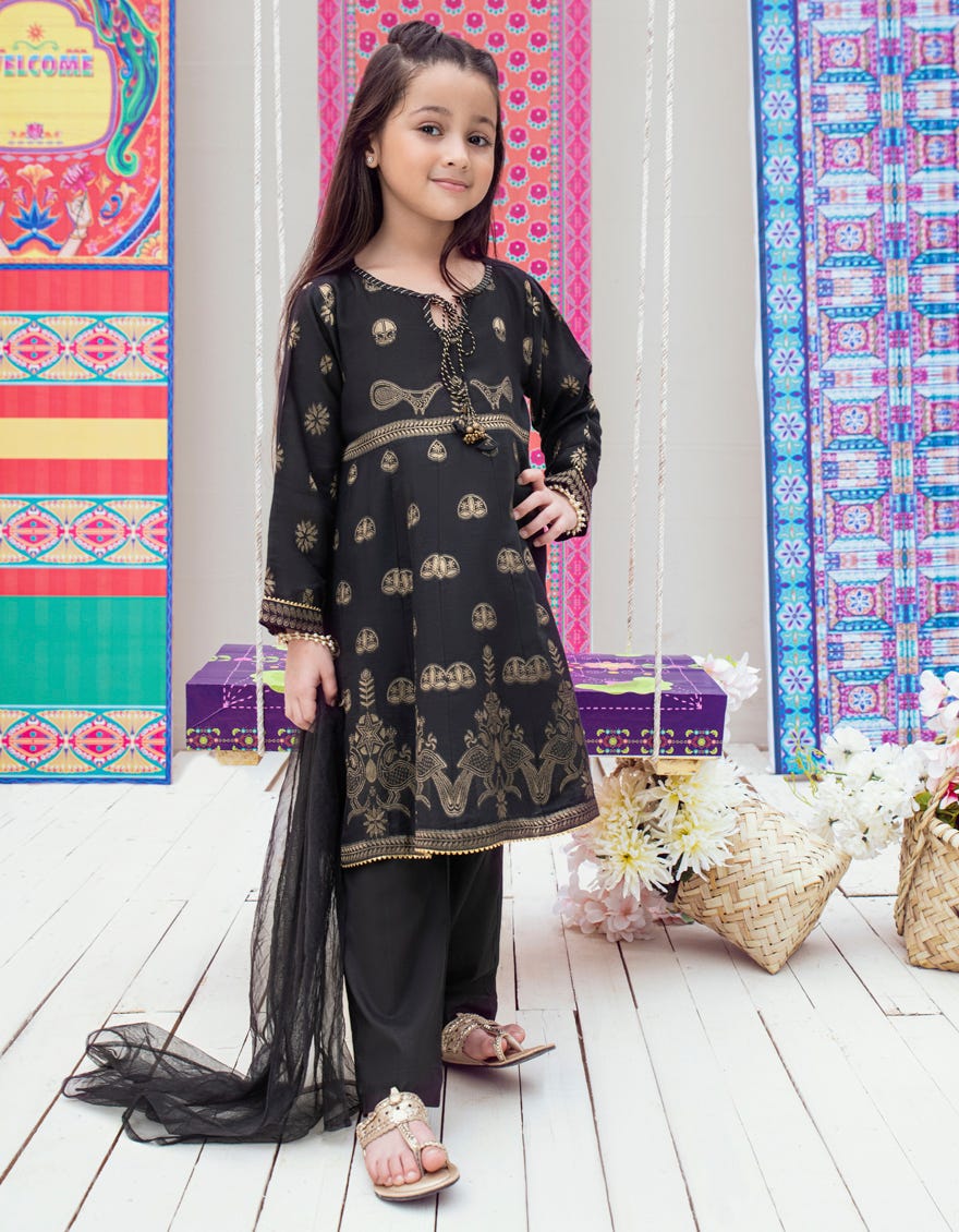Black Jacquard Girls 3 Piece Stitched | Jgk-W-Jwk-23-5008