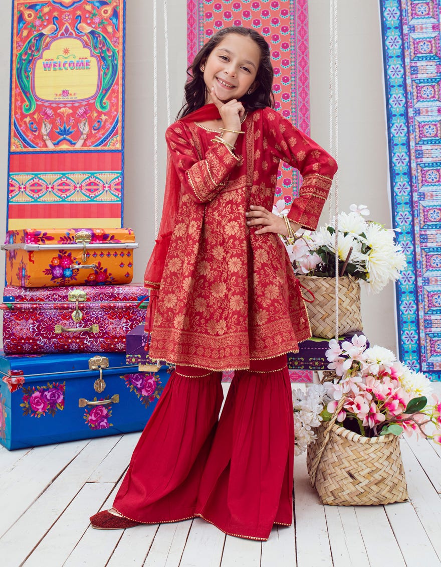 Red Jacquard Girls 3 Piece Stitched | Jgk-W-Jwk-23-5009