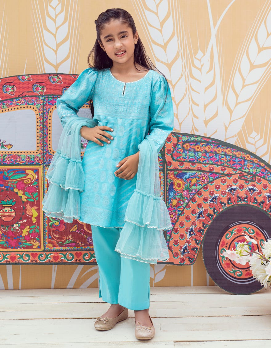 Blue Jacquard Girls 3 Piece Stitched | Jgk-W-Jwk-23-5010