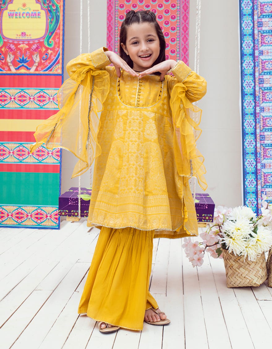 Yellow Jacquard Girls 3 Piece Stitched | Jgk-W-Jwk-23-5011