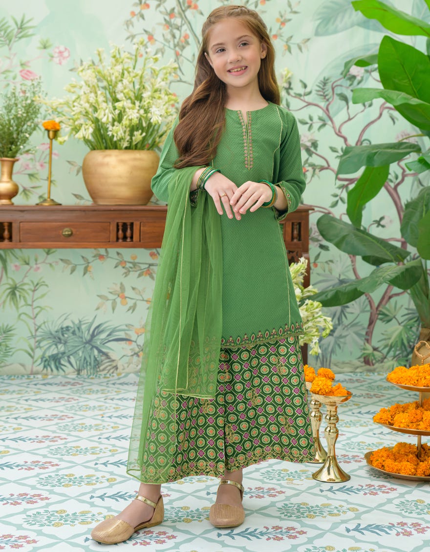 GREEN DOBBY EMBROIDERED 3PC STITCHED – J.