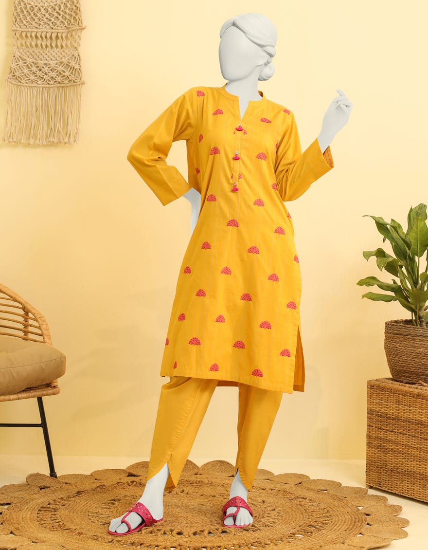 Yellow Khaddi Jacquard Women's Kurti | Jjlk-W-Jws-23-3015