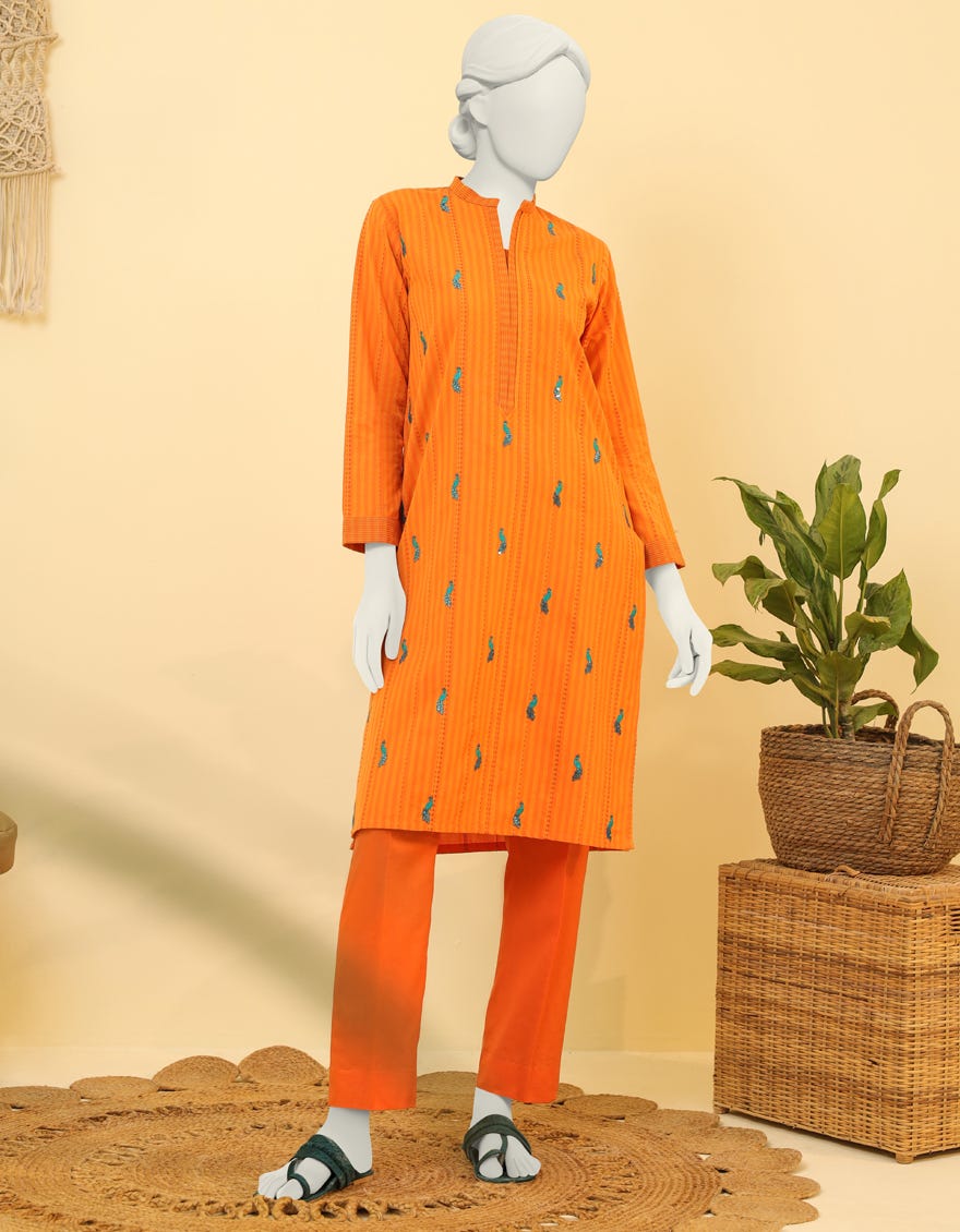 Orange Khaddi Jacquard Women's Kurti | Jjlk-W-Jws-23-3017