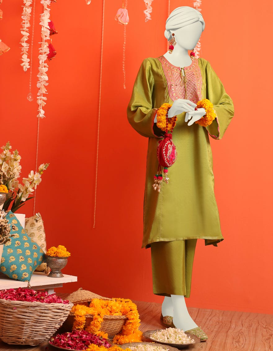 GREEN RAW SILK KURTA