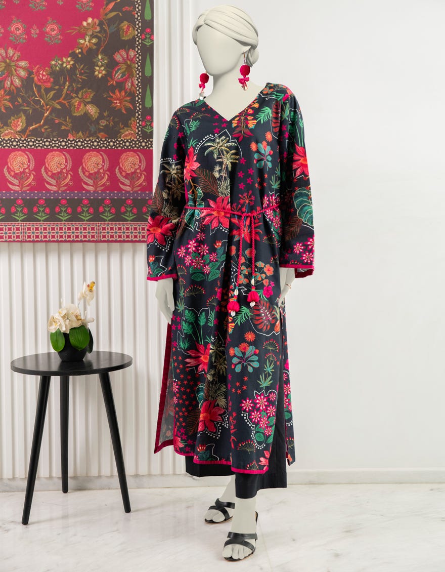 BLACK KHADDAR PRINTED KURTI