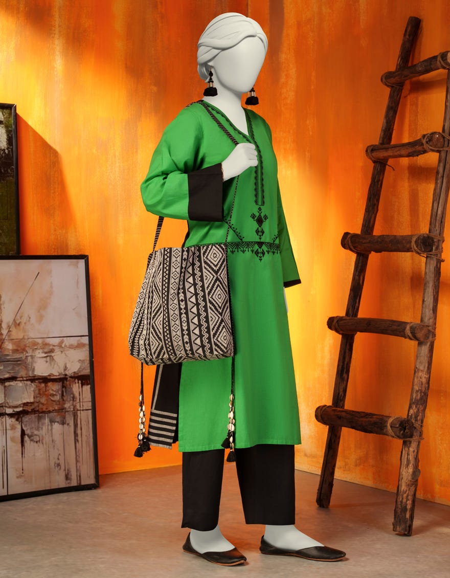 GREEN KHADDI EMBROIDERED KURTI