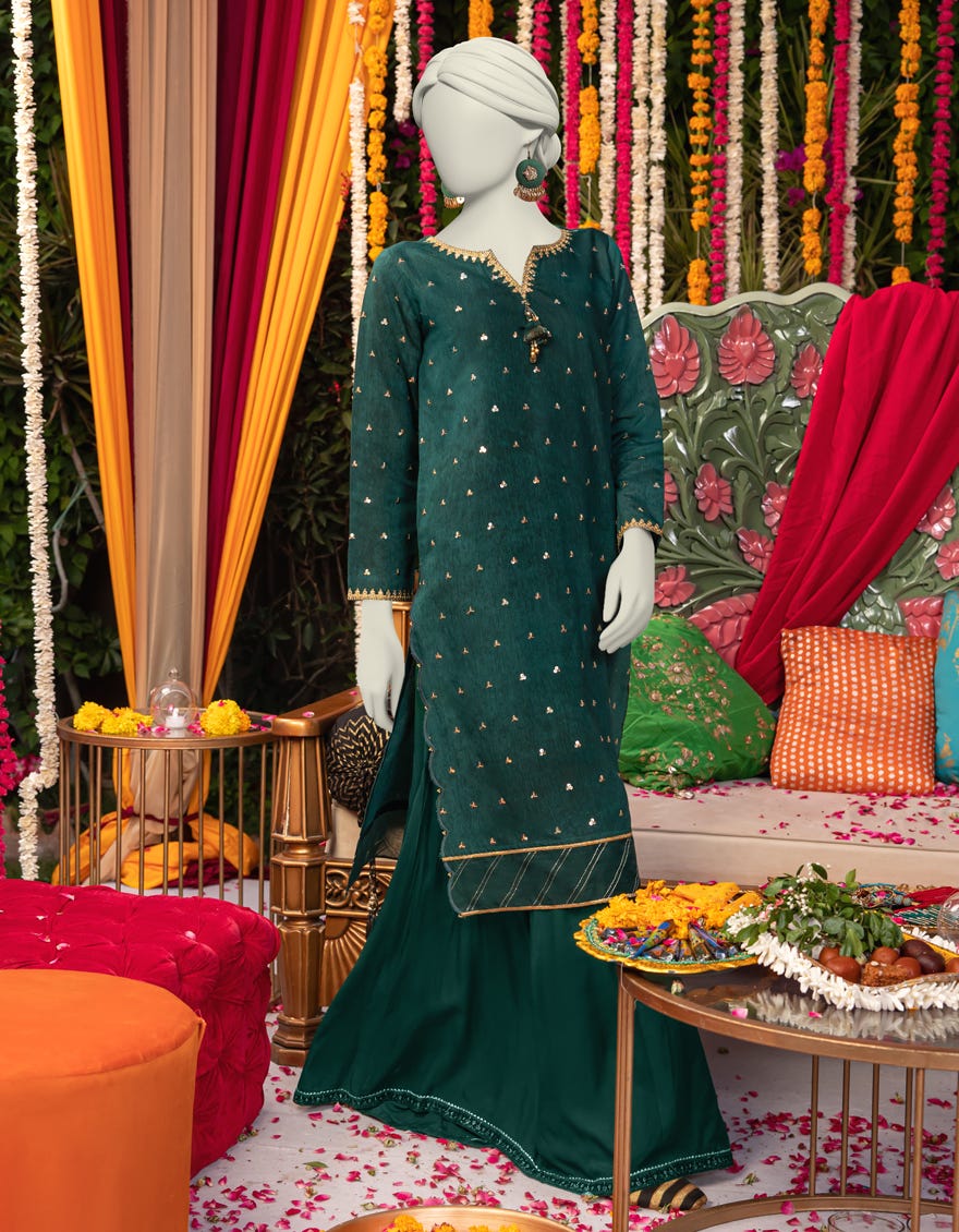 GREEN PAPER COTTON EMBROIDERED KURTI