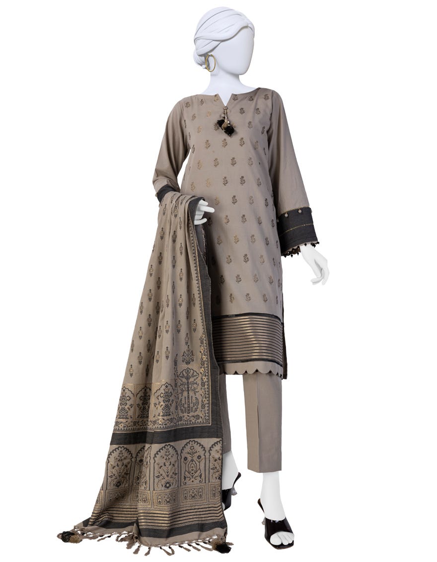 Beige Jacquard Unstitched 3 Piece Dress | Jjls-W-Jwu-23-1810