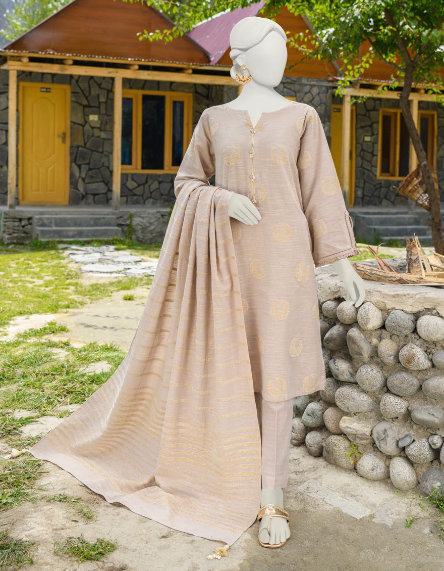 Ecru Chenille Jacquard Unstitched 3 Piece Dress | Jjls-W-Jwu-23-1701