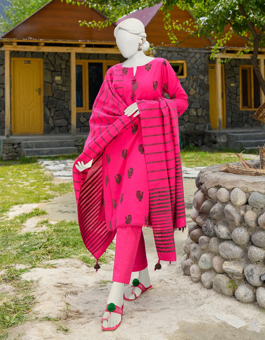 Pink Chenille Jacquard Unstitched 3 Piece Dress | Jjls-W-Jwu-23-1703