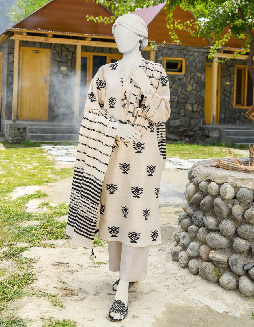 White Chenille Jacquard Unstitched 3 Piece Dress | Jjls-W-Jwu-23-1704