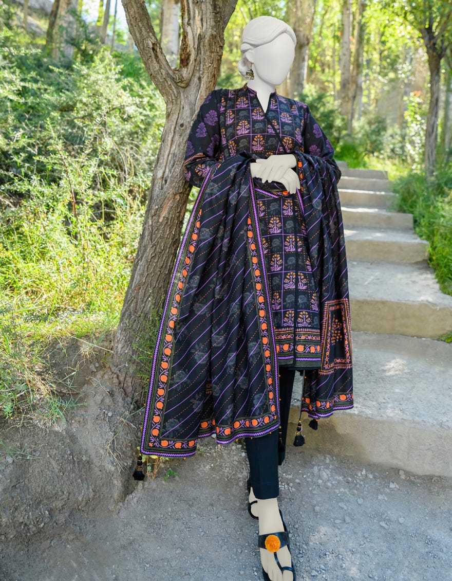 Black Khaddar Unstitched 3 Piece Dress | Jjls-W-Jwu-23-1757