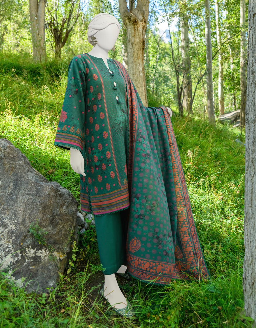 Green Khaddar Unstitched 3 Piece Dress | Jjls-W-Jwu-23-1762