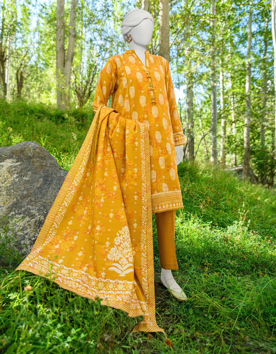 Yellow Khaddar Unstitched 3 Piece Dress | Jjls-W-Jwu-23-1763