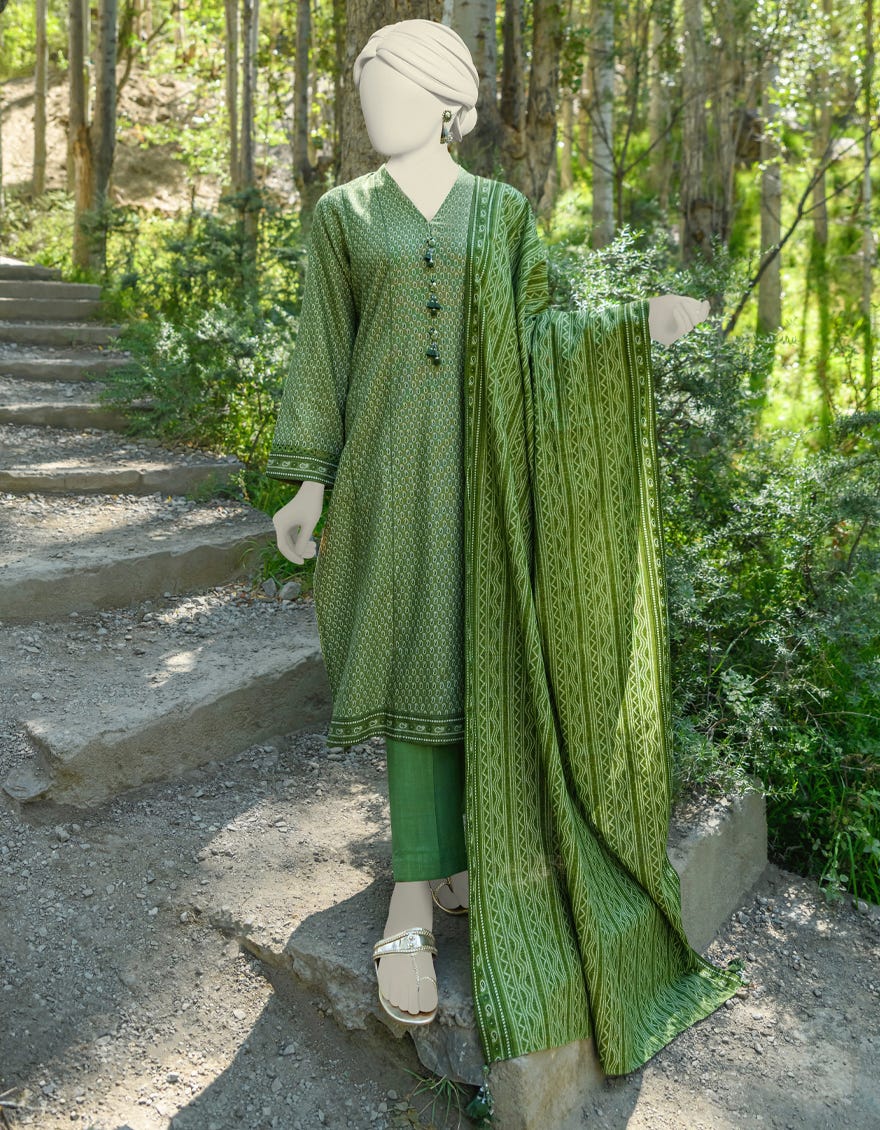 Green Khaddar Unstitched 3 Piece Dress | Jjls-W-Jwu-23-1772