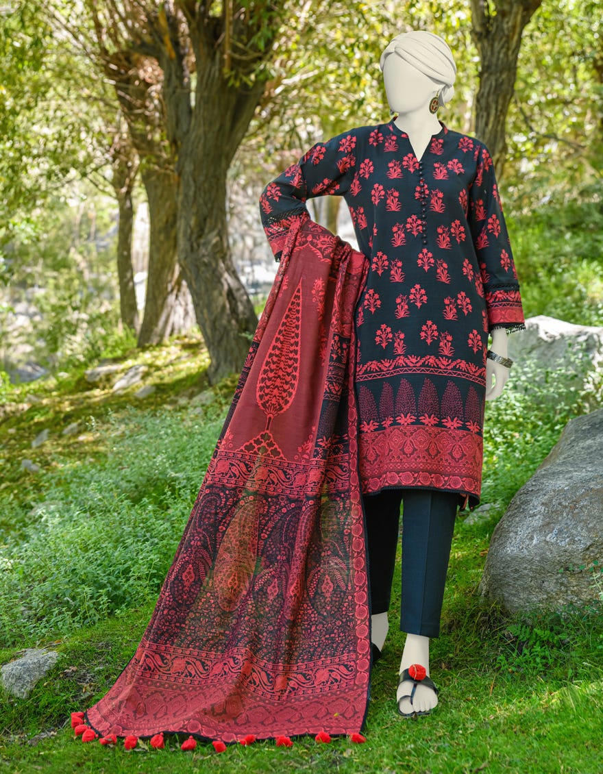 Maroon Khaddar Unstitched 3 Piece Dress | Jjls-W-Jwu-23-1794