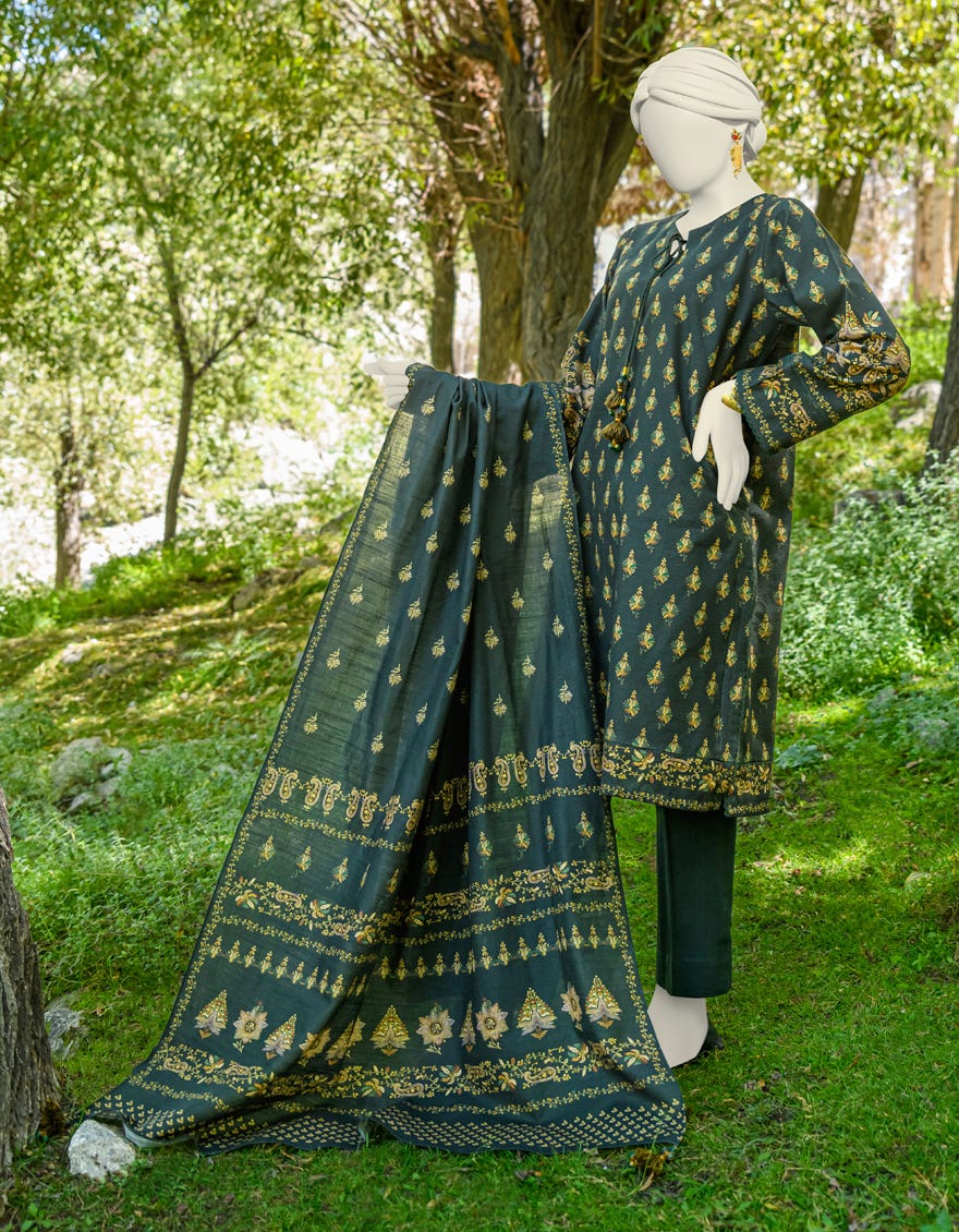 Green Khaddar Unstitched 3 Piece Dress | Jjls-W-Jwu-23-1795