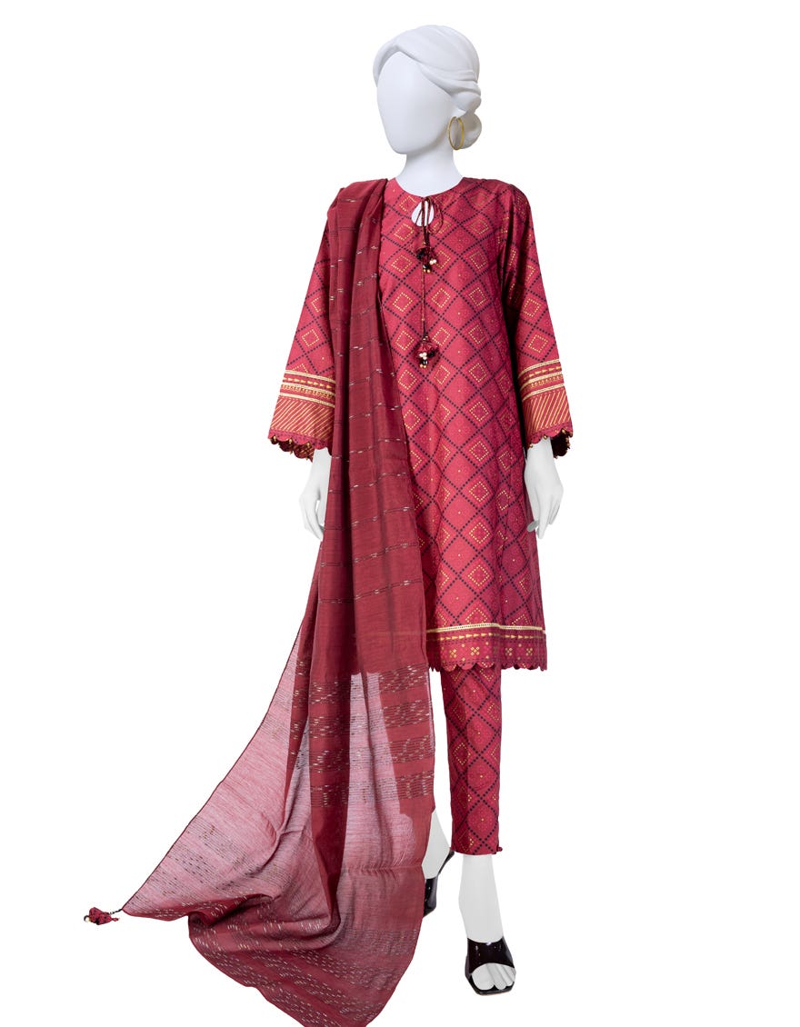 Maroon Cambric Unstitched 3 Piece Dress | Jjls-W-Jwu-23-1819