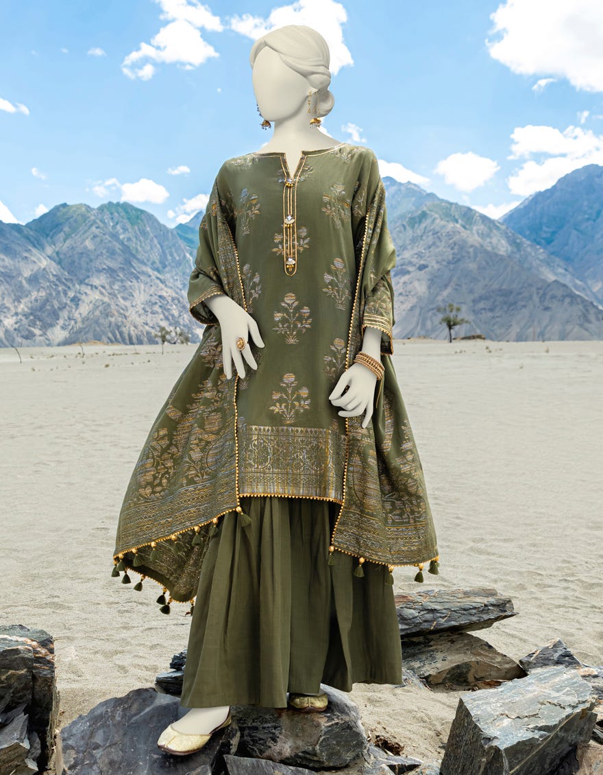 Olive Jacquard Unstitched 3 Piece Dress | Jjls-W-Jwu-23-1823