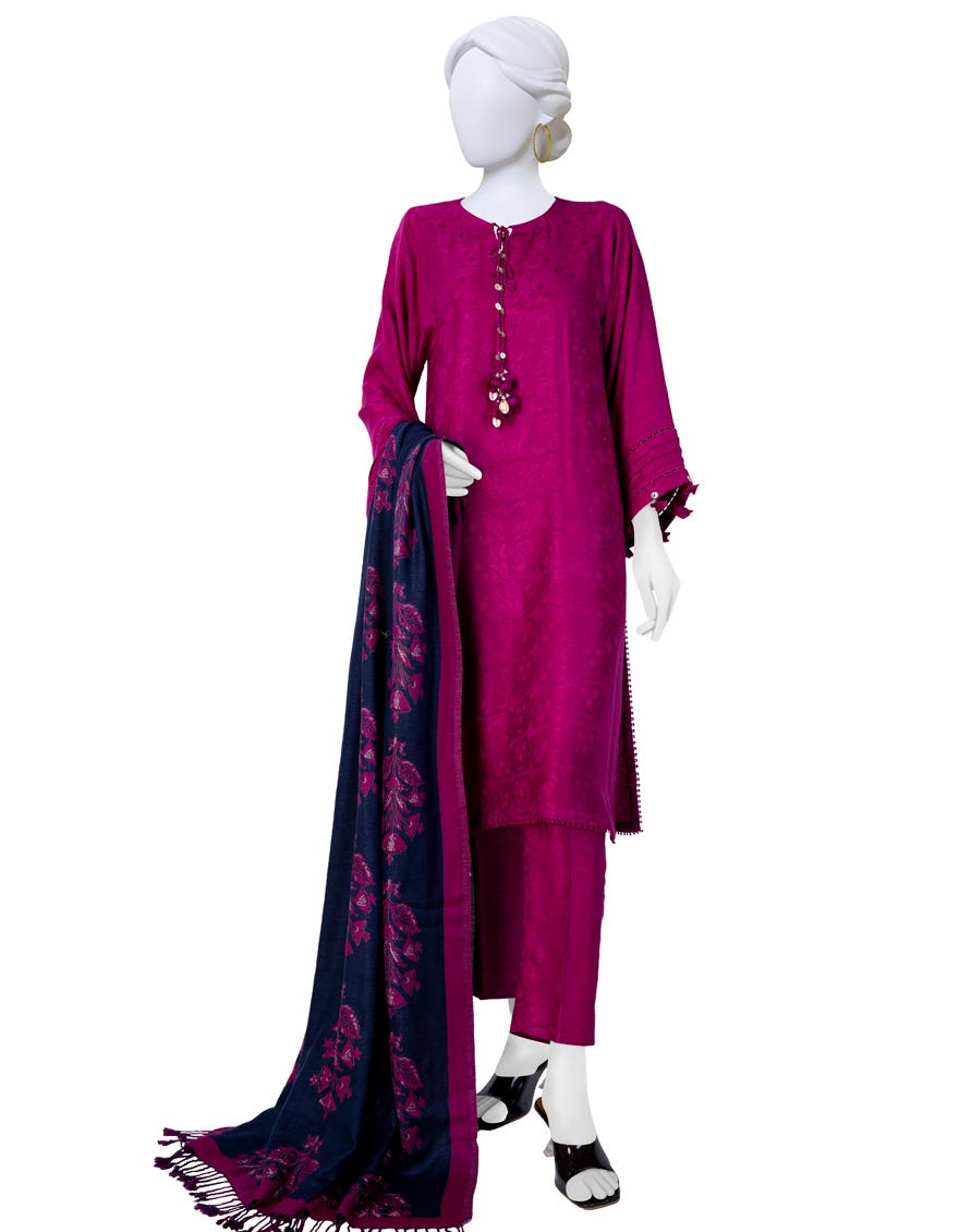 Magenta Acrylic Unstitched 3 Piece Dress | Jjls-W-Jwu-23-1829