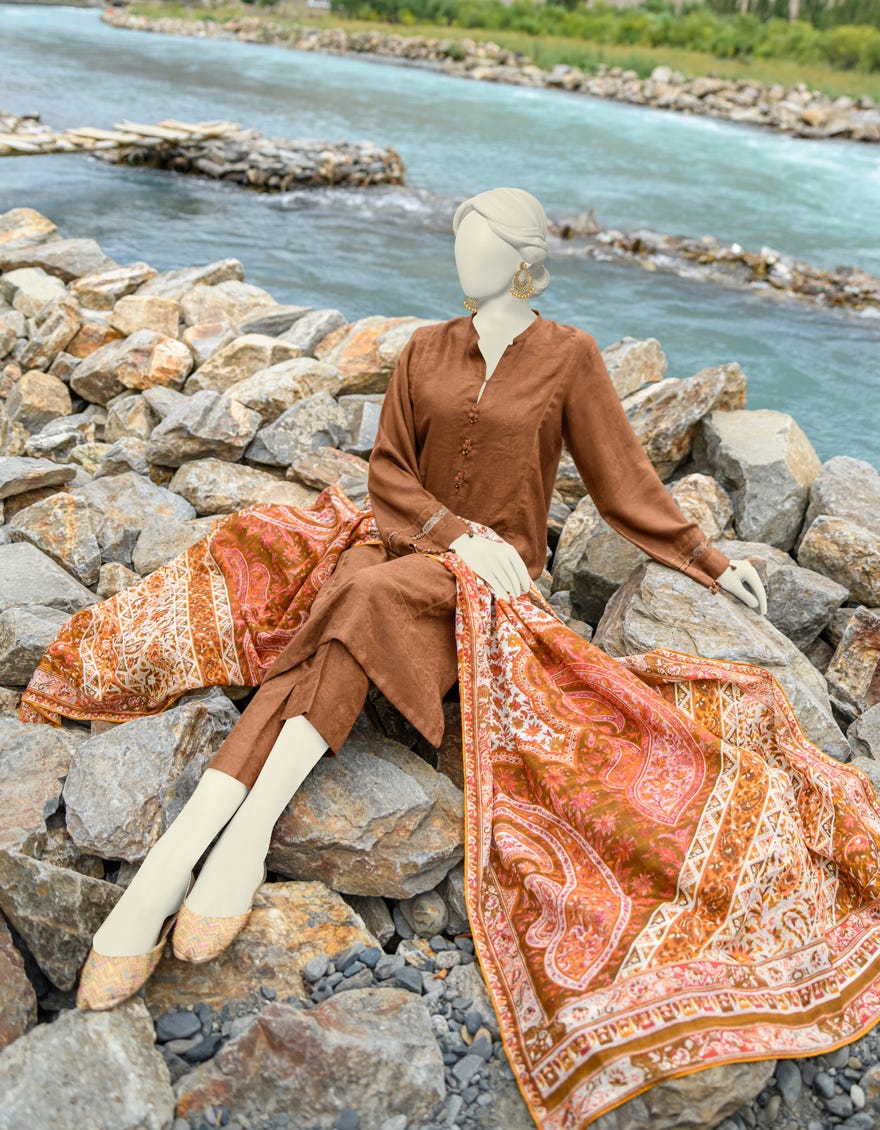 Brown Acrylic Unstitched 3 Piece Dress | Jjls-W-Jwu-23-1830
