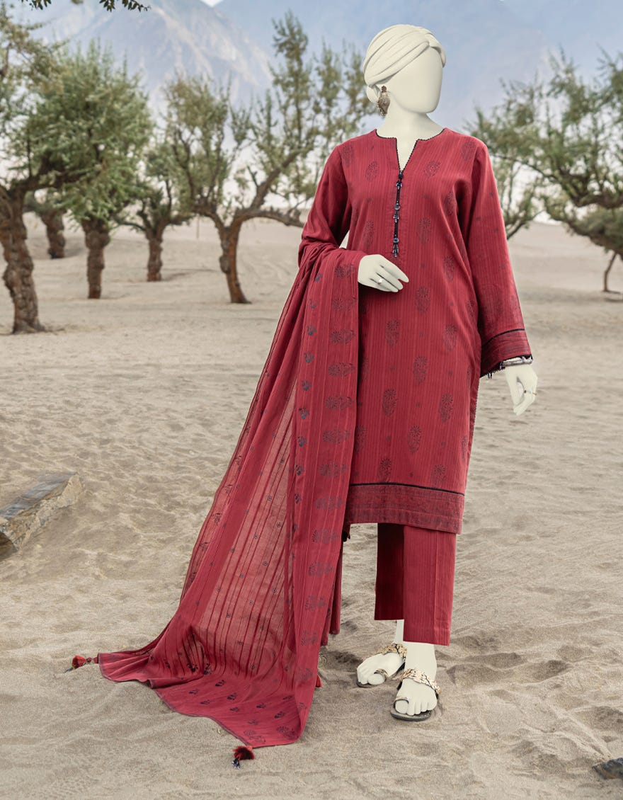 Maroon Textured Unstitched 3 Piece Dress | Jjls-W-Jwu-23-1844