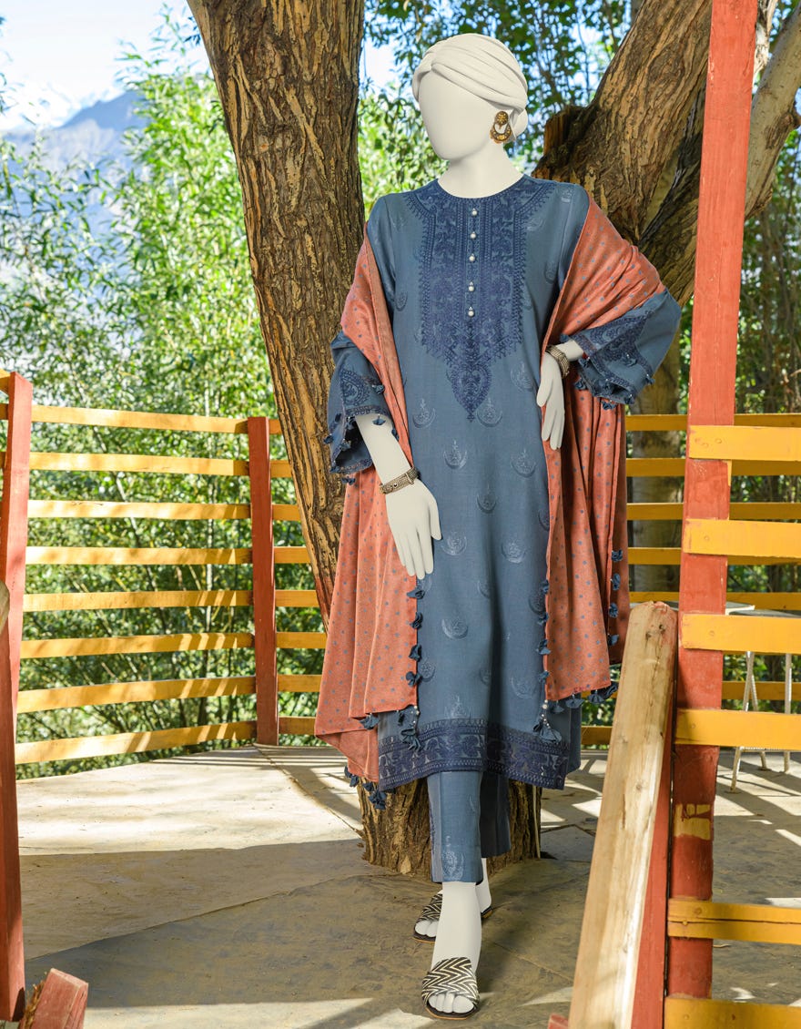 Grey Acrylic Unstitched 3 Piece Dress | Jjls-W-Jwu-23-1845