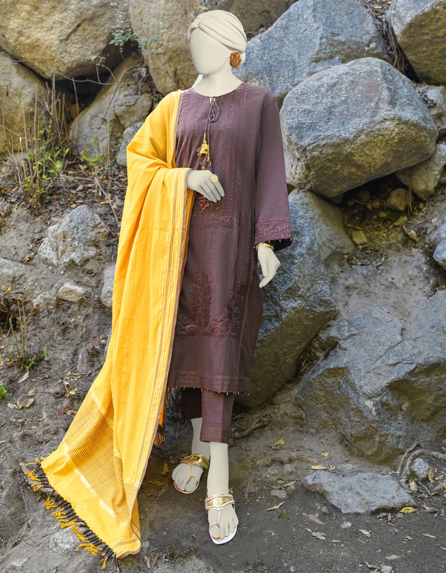 Brown Jacquard Unstitched 3 Piece Dress | Jjls-W-Jwu-23-1854