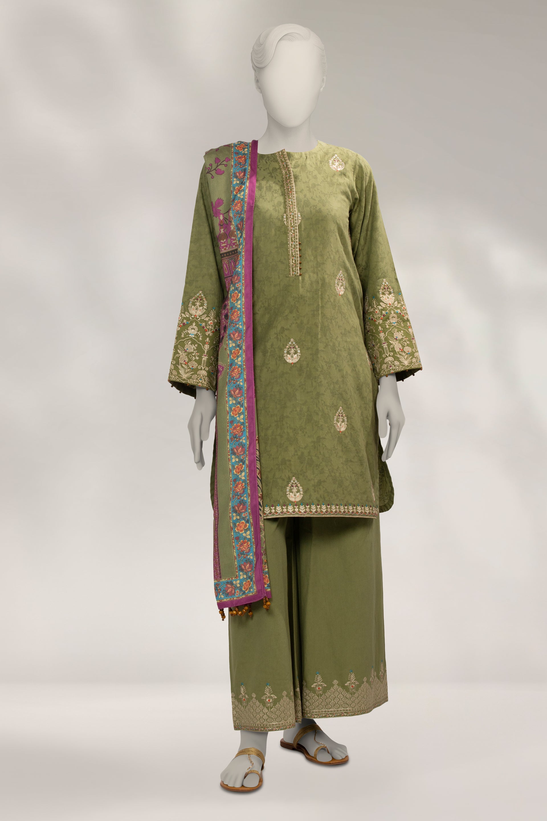 GREEN DOBBY EMBROIDERED UNSTITCHED 3PC – J.