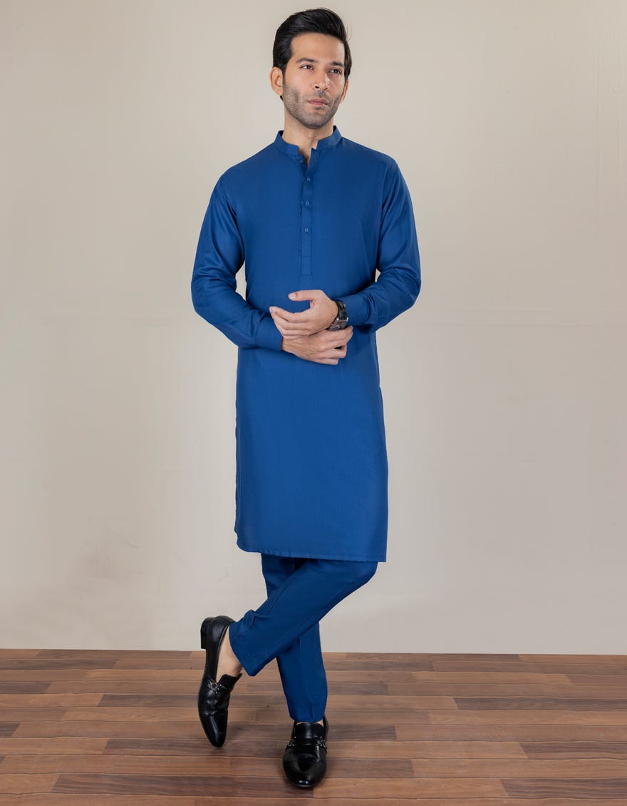 Prussian Blue Blended Unstitched Kameez Shalwar Fabric | Jjms-2218