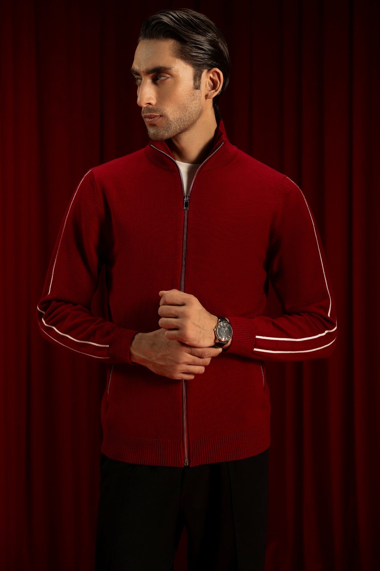 Burgundy Gauge Cardigan Zipper | Cc Swt 0018