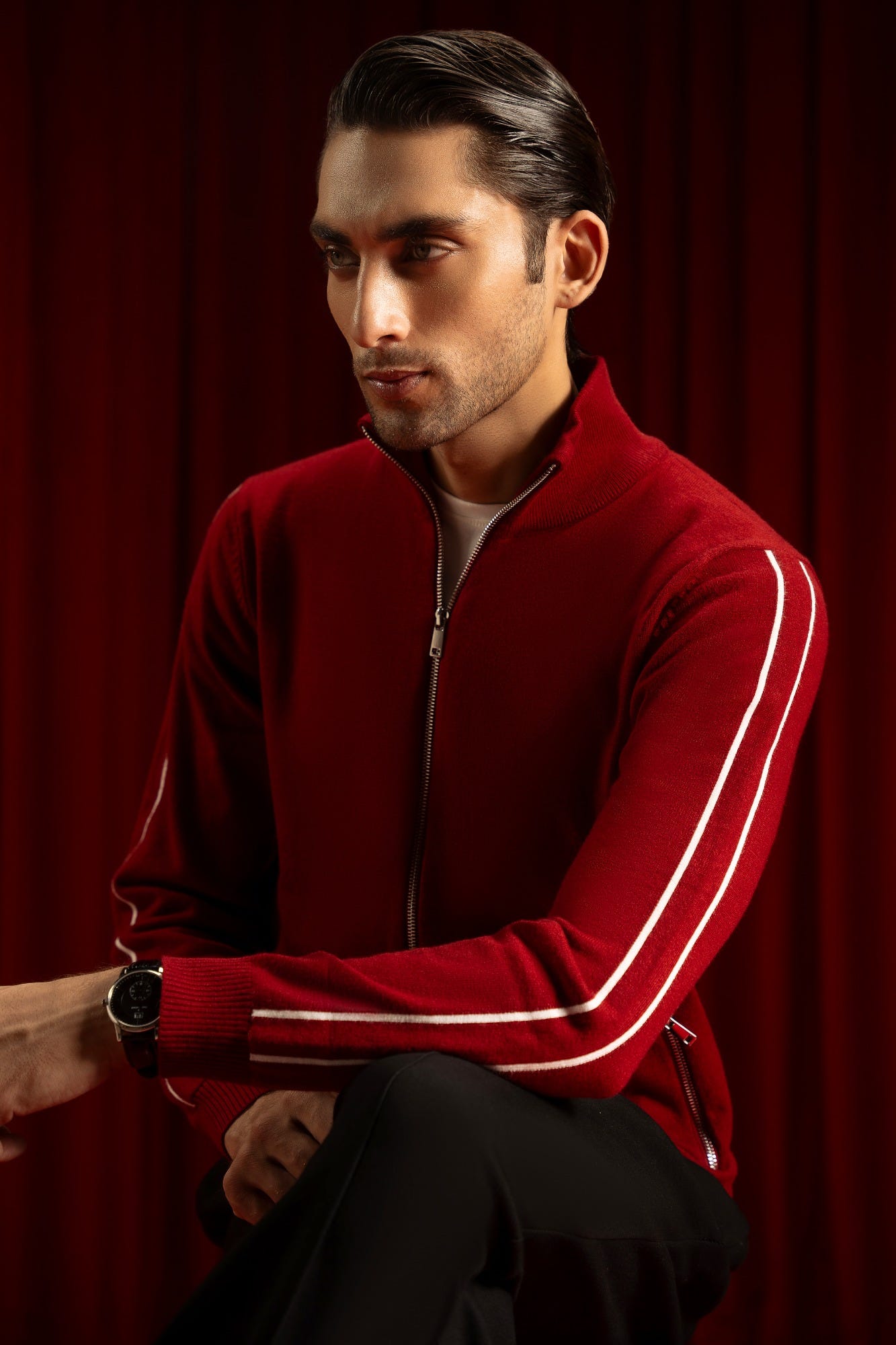 Burgundy Gauge Cardigan Zipper | Cc Swt 0018