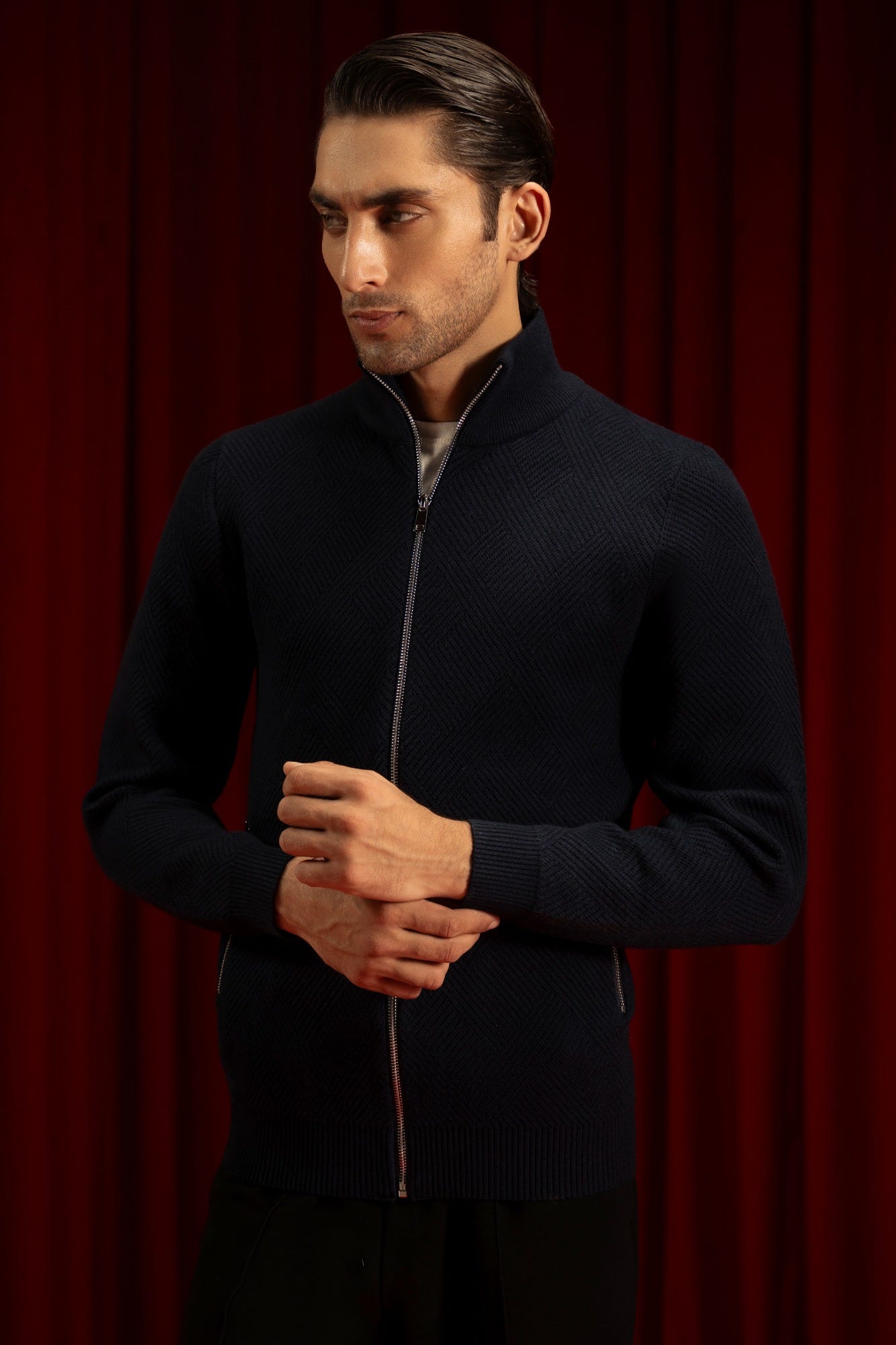 Navy Gauge Cardigan Zipper | Cc Swt 0020