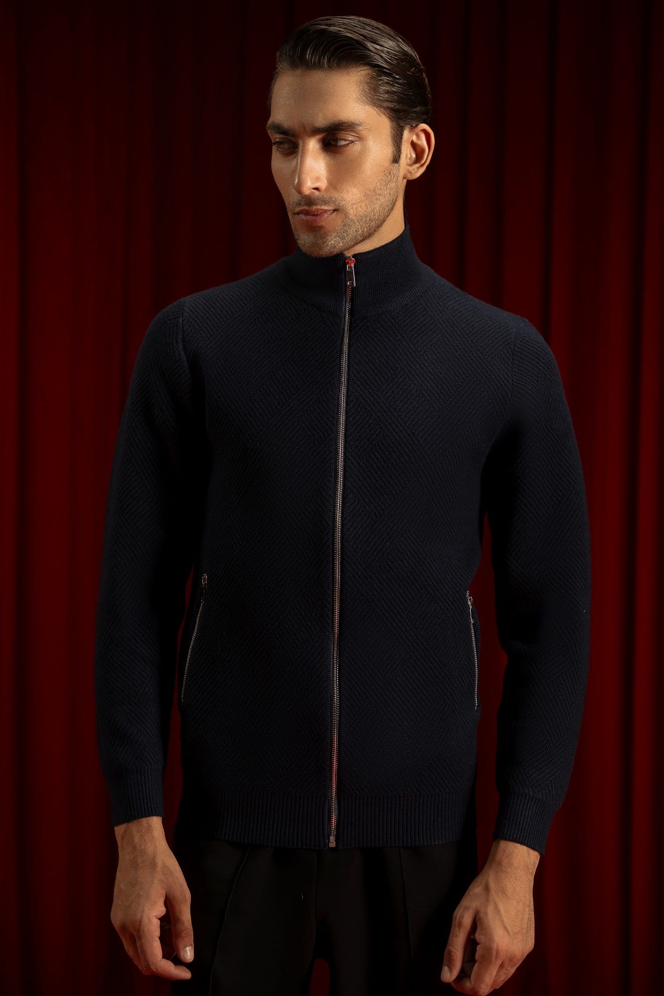 Navy Gauge Cardigan Zipper | Cc Swt 0020