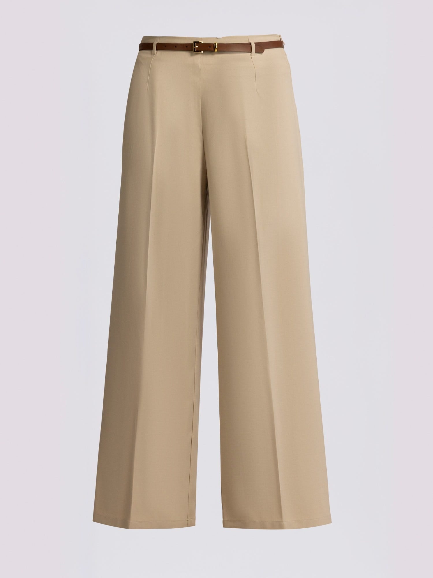 Beige High Waist Belted Trousers