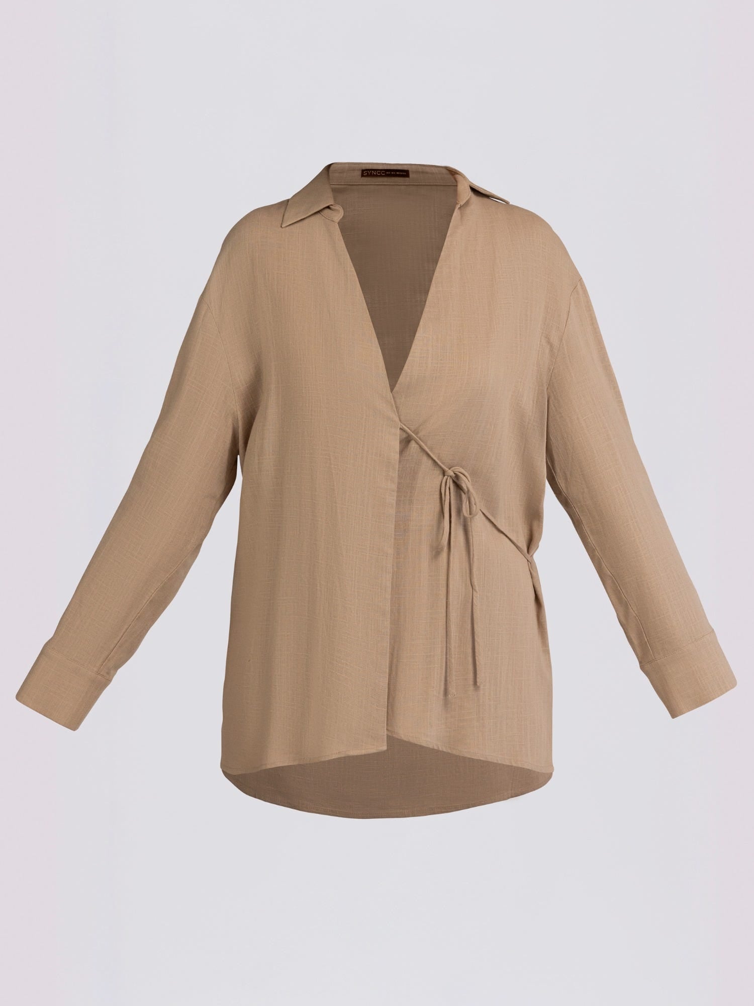 Beige Draped Side-Tie Kimono Shirt