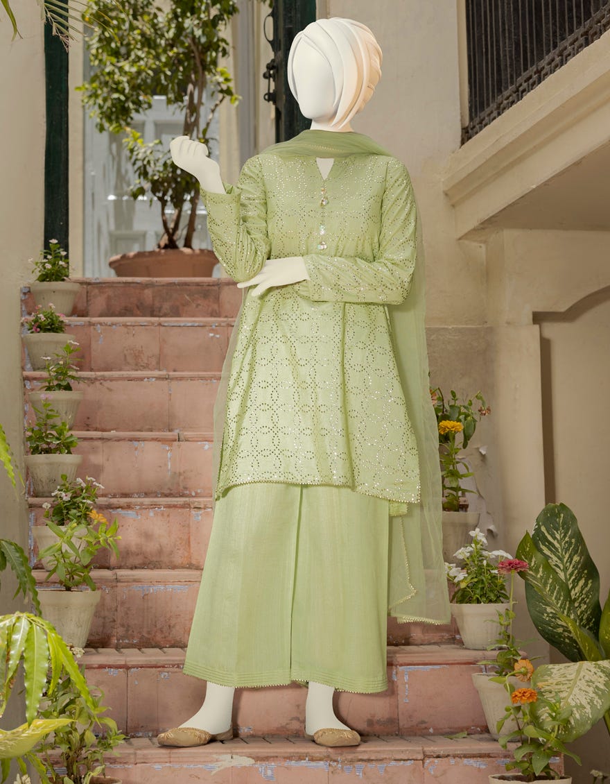 Green Raw Silk Teens 3 Piece Stitched | Jgk-S-Ygtl-631-23