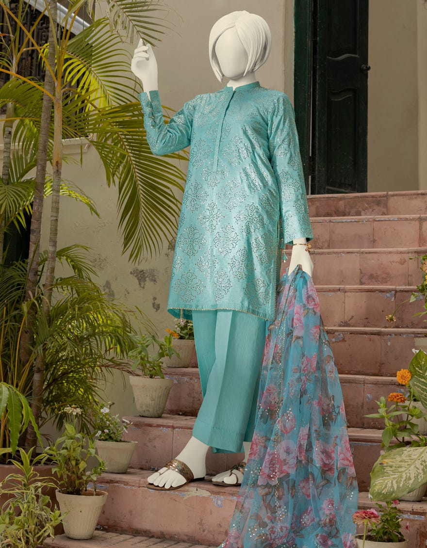 Sky Blue Raw Silk Teens 3 Piece Stitched | Jgk-S-Ygtl-632-23