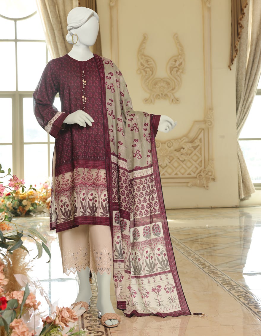PINK JACQUARD UNSTITCHED 3PC | JLAWN-S-23-223
