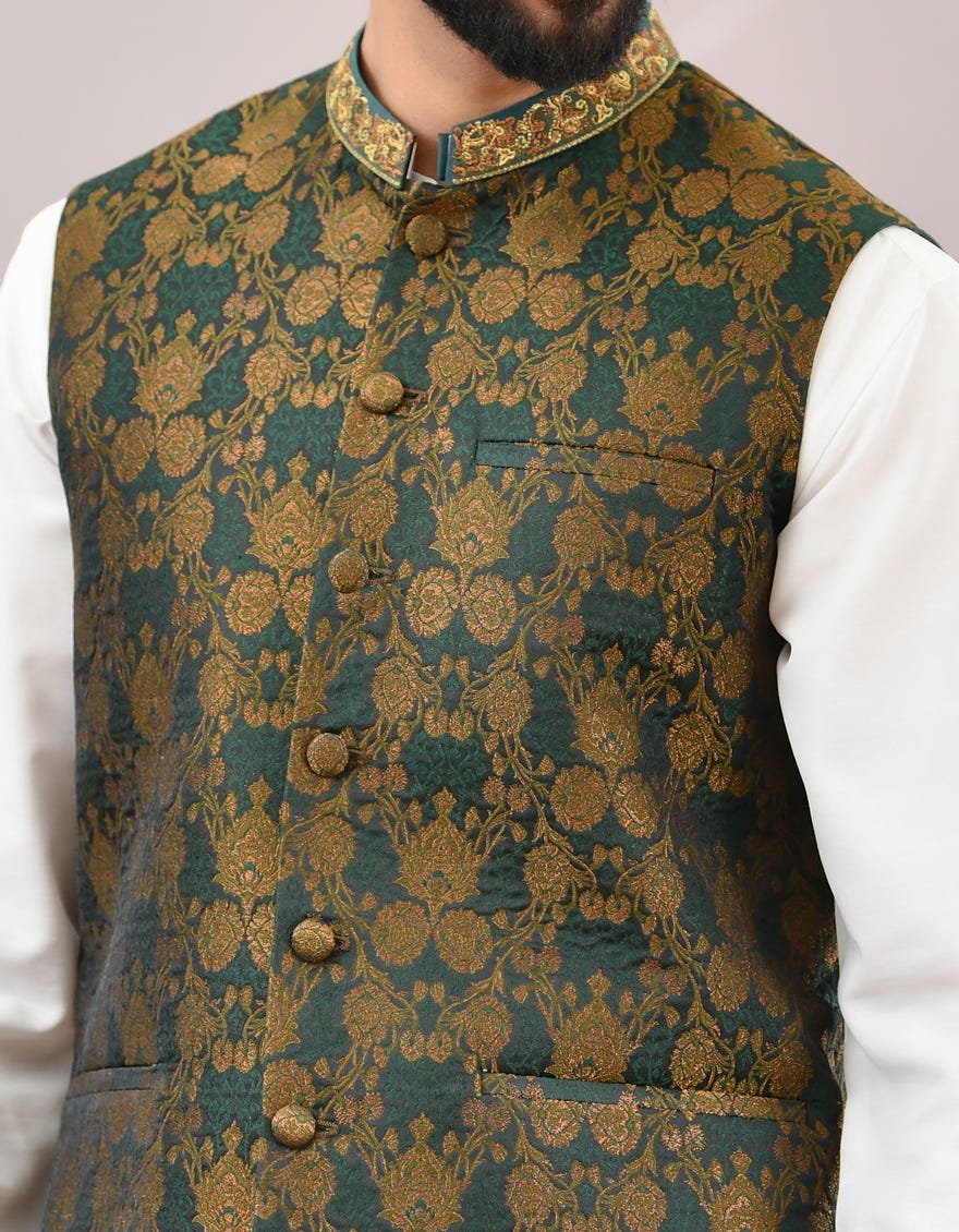 Green jamawar waistcoat on sale