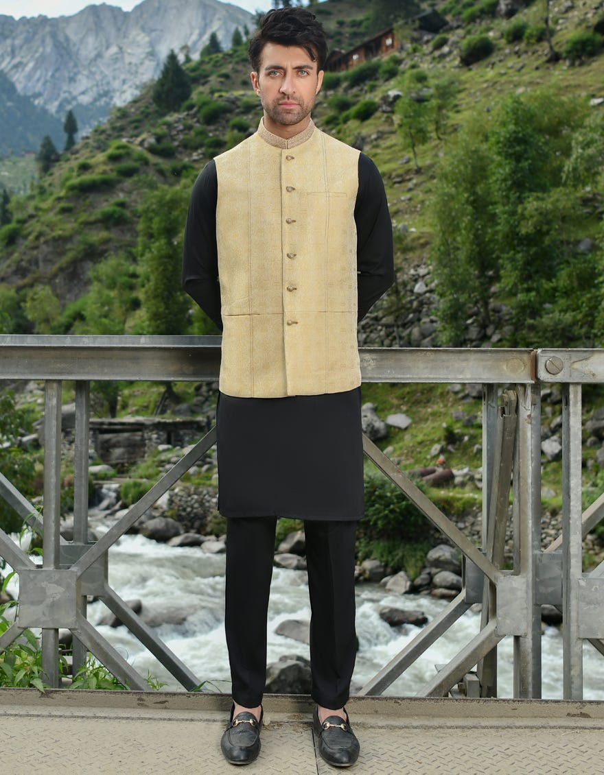 Golden jamawar waistcoat new arrivals