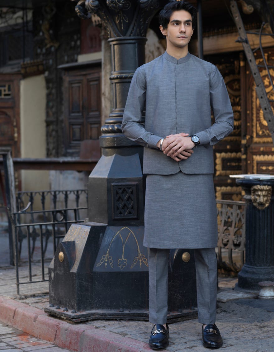 Grey kurta on sale with waistcoat
