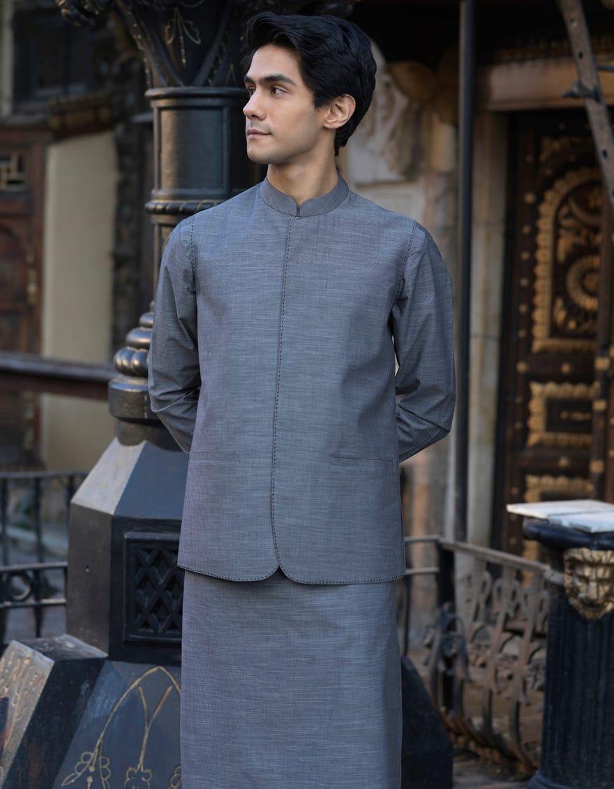 GREY COTTON KURTA PAJAMA WAISTCOAT JJKPVC 40240