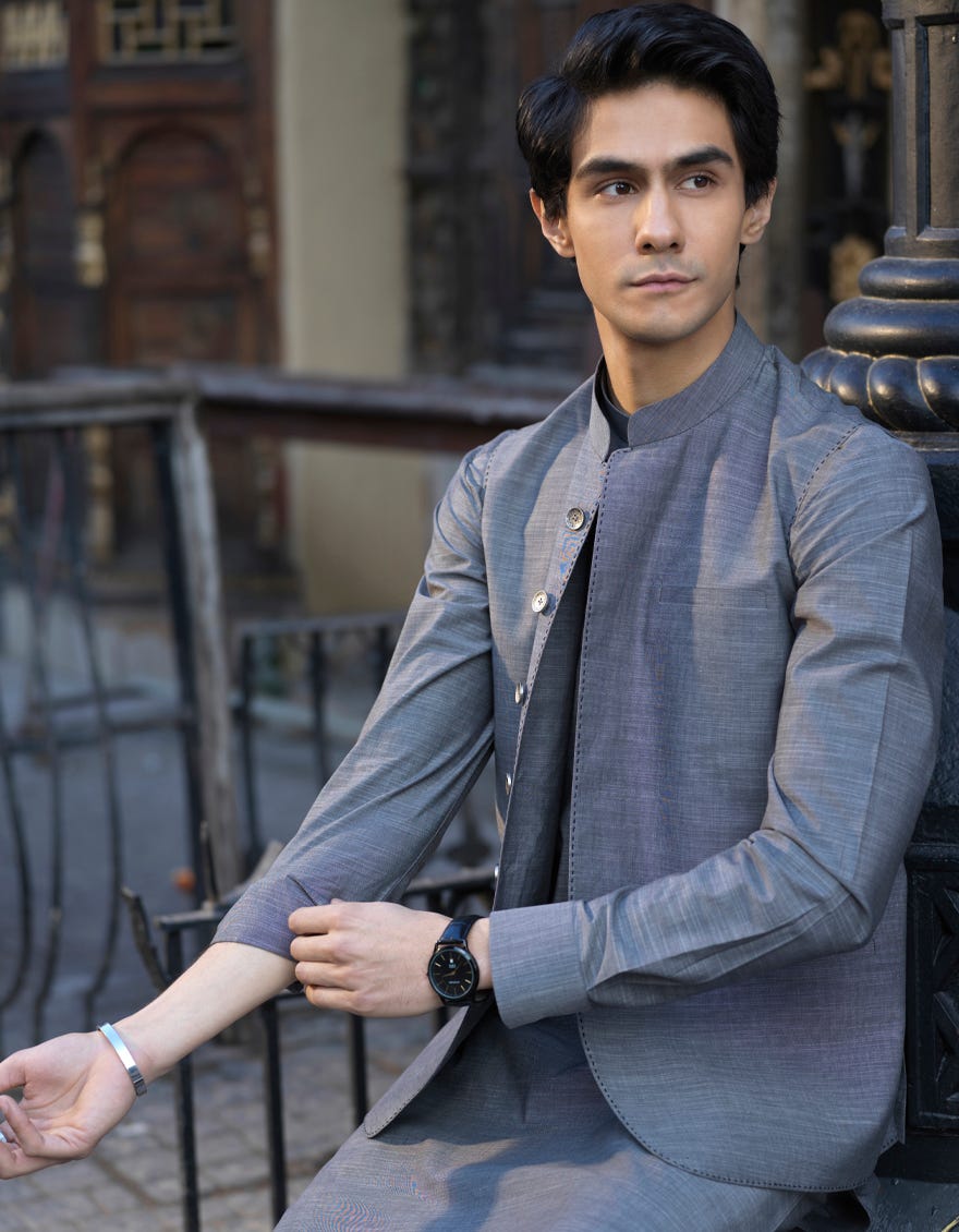 GREY COTTON KURTA PAJAMA WAISTCOAT JJKPVC 40240