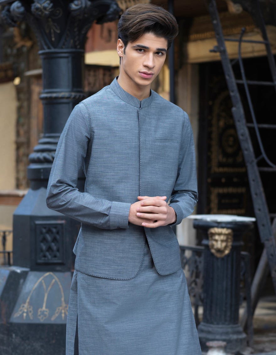 Grey kurta with waistcoat discount